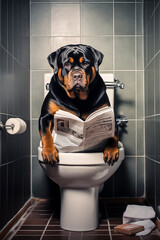 Rottweiler sitzt auf der Toilette und liest Zeitung, Toilettenbilder mit Hund, Haustier Portrait Toilettenschild, Lustige Toiletten Regeln mit einem Hund, 