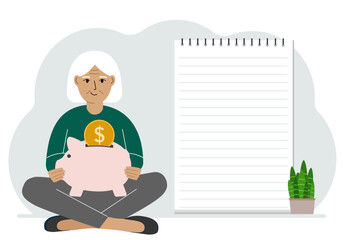 A woman sits cross-legged with a piggy bank in his hands. Nearby is a large sheet of paper for planning income and expenses. Vector flat illustration