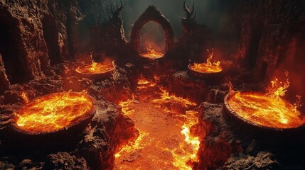 chaotic scene unfolds as devils stand boiling lava cauldrons open gates hell. intense heat and vivid flames illuminate dark eerie surroundings.