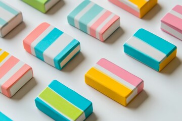 Colorful striped rectangular objects on white background.