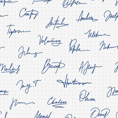 Ball pen signatures on dotted paper. Handwriting signature, various names and surnames vintage design. Template for wallpaper, wrapping paper, vector background