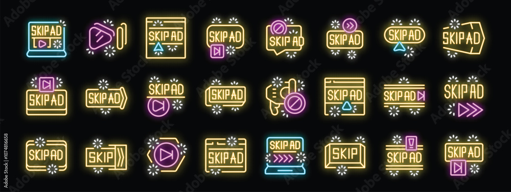 Poster neon icons symbolizing the skip ad function, enhancing user experience by offering uninterrupted con