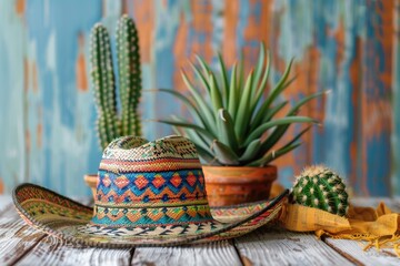 Colorful Southwestern Themed Hat and Desert Plants Decoration