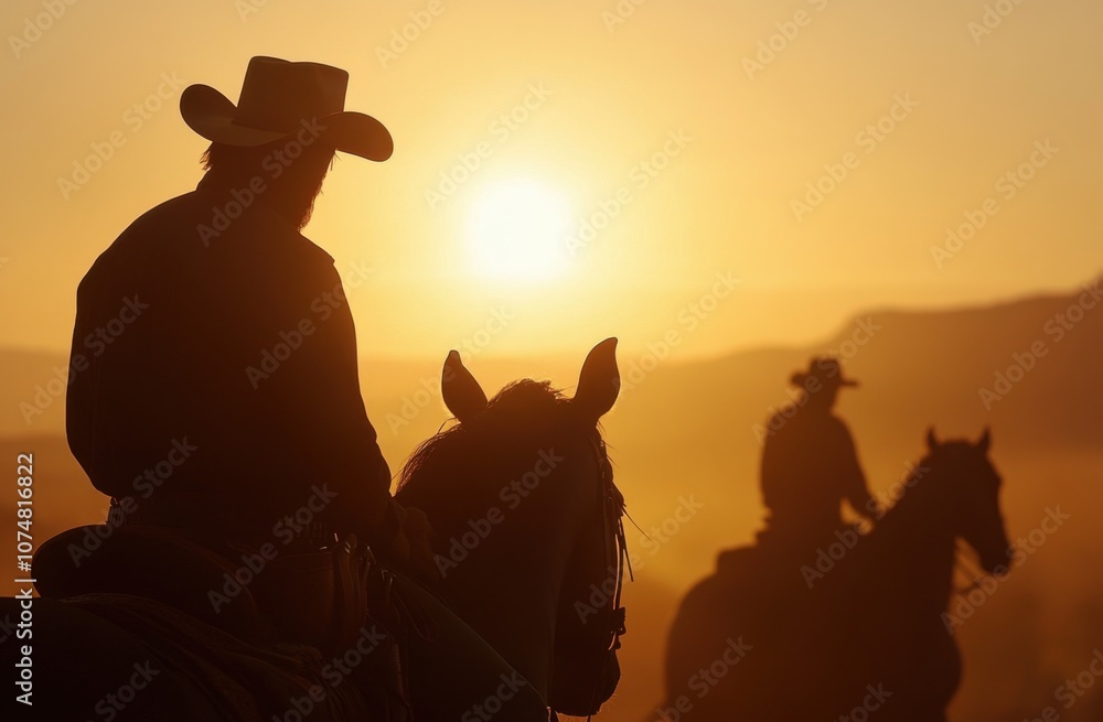 Poster silhouettes of cowboys on horseback against a sunset backdrop, their silhouettes adding depth to the