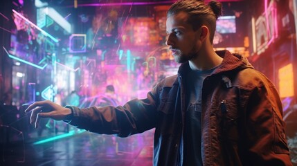 Fototapeta premium Man Interacting with Holographic Interface in Futuristic City