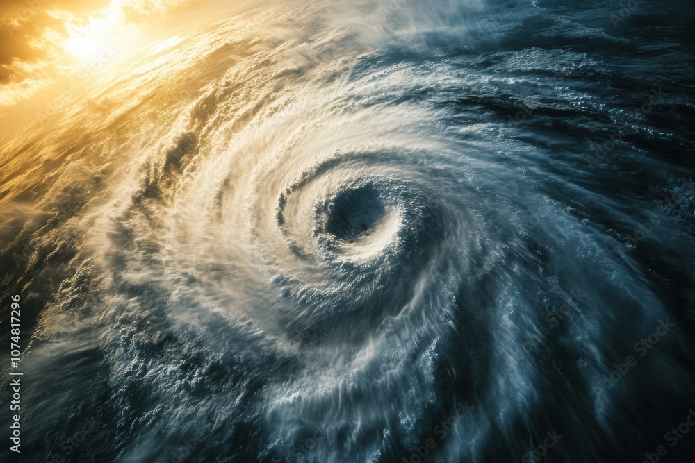 Poster A powerful hurricane develops over the open ocean, surrounded by swirling clouds and illuminated by a stunning sunset backdrop. Generative AI