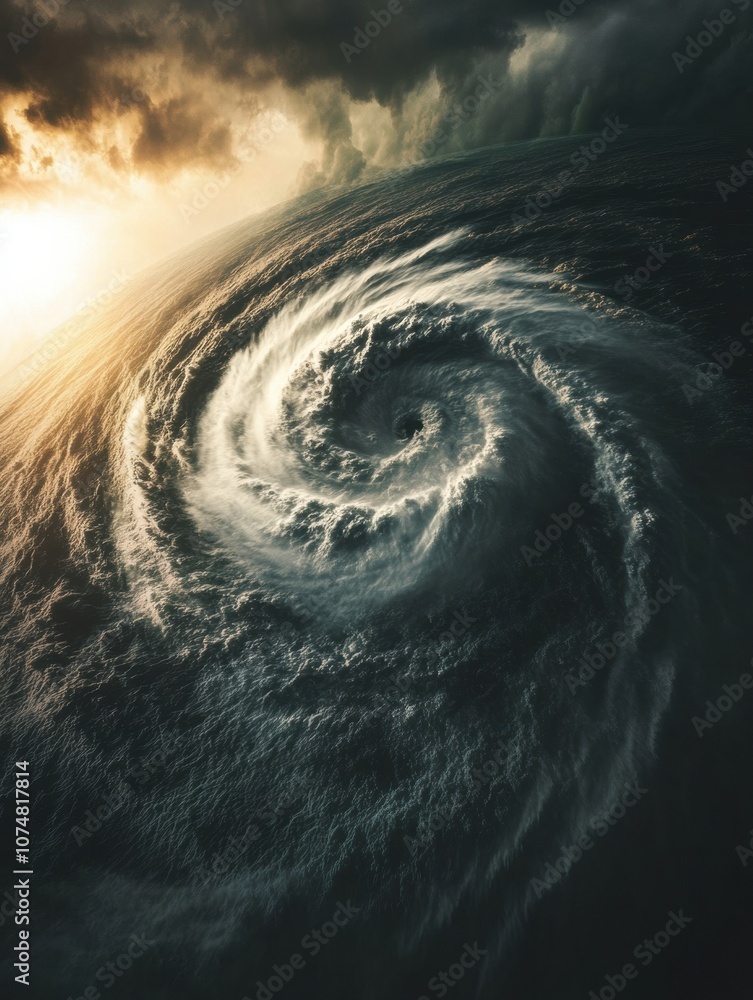 Aufkleber a massive hurricane spins ominously in the ocean, surrounded by dark clouds and turbulent waters as 