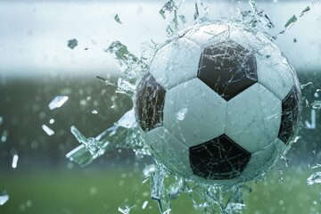 Naklejka premium Soccer Ball Breaking Through Shattered Glass