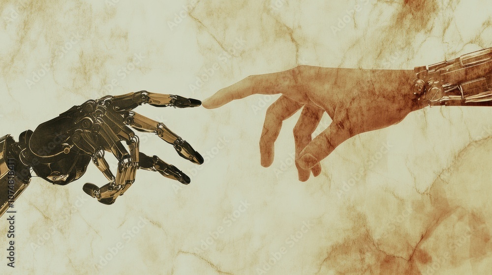 Aufkleber A human hand and a robotic hand reach out toward one another, symbolizing the connection between technology and human experience. Generative AI