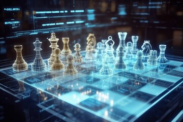 Wireframe chess pieces on a digital board.