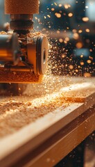 CNC Wood Router. Carpentry Machine with Sunlight and Sawdust. Manufacturing Industry Background.