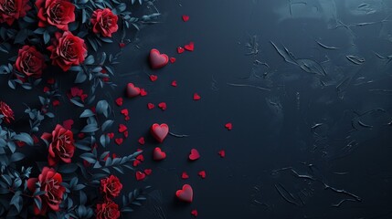 Red roses and hearts on a dark blue background, with copy space.