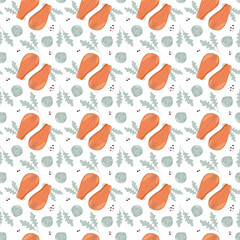 Salmon steaks, arugula leaves, Brussels sprouts and peppercorns Seamless Pattern. Healthy food fond