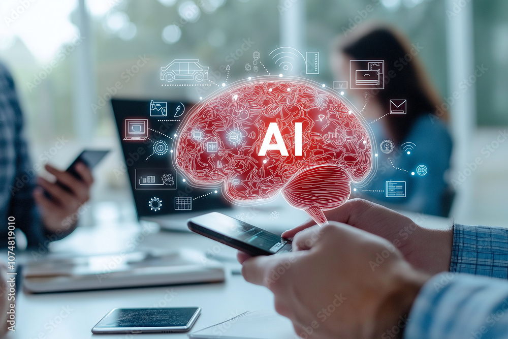 Poster ai brain with digital icons representing technology and innovation, showcasing integration of artifi