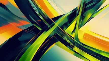 A vibrant abstract piece featuring sweeping curves and bold diagonal lines, hinting at the flow of a suspension bridge. The colors are electric, with neon greens and oranges.