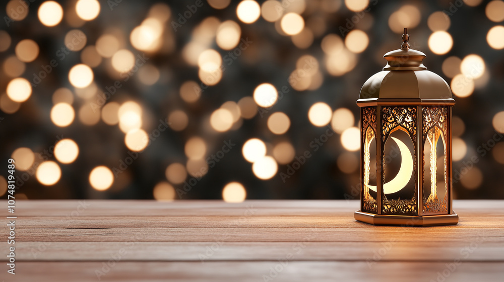 Poster lantern glowing softly on wooden table, creating warm ambiance with bokeh lights in background, perf