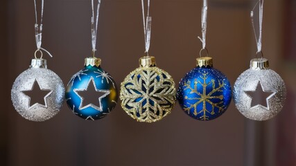 Sparkling Christmas Ornaments: A collection of five elegant Christmas ornaments hang in a row, each...