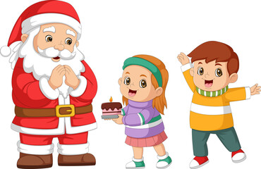 Children give a surprise to Santa Claus with a birthday cake