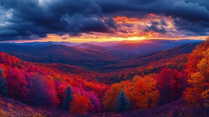 A vibrant autumn background of rolling hills covered with colorful trees in shades of red, orange, and yellow, under a dramatic, cloudy sky illuminated by the warm glow of sunset.