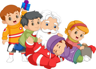 Santa Claus sits with the children, tells stories and gives out gifts. Merry Christmas and happy New Year. Funny cartoon character. Vector illustration. Isolated on white background