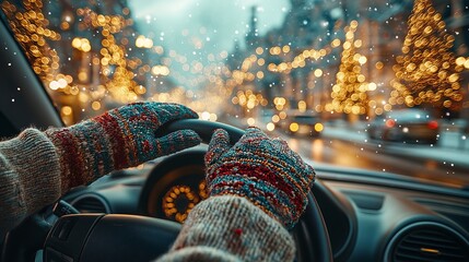 A driver wearing colorful gloves drives through a snowy city with Christmas lights in the background