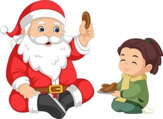 Santa Claus is telling a story while eating biscuits with a little girl