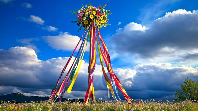 A colorful maypole stands tall in a field of wildflowers under a bright blue sky
