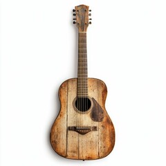 Obraz premium Worn wooden acoustic guitar on white background.