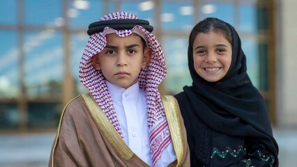 Arab children dressed in traditional clothing, boy in ghutra and thobe and girl in hijab, depict cultural heritage and childhood. Cultural concept