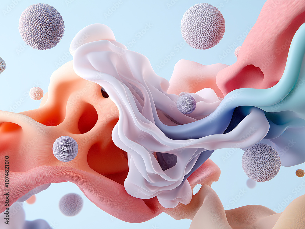 Poster colorful organic cell structure with flowing shapes and textured spheres, creating vibrant and dynam