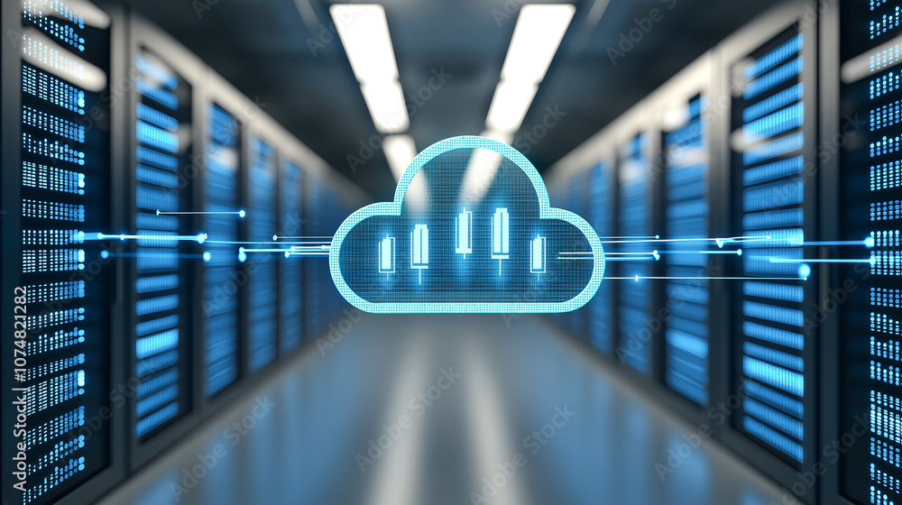 Poster 3d rendering of cloud technology concept in data center, showcasing digital connections and server r