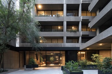 Fototapeta premium Renovation of brutalist buildings, preserving the bold architectural style while integrating modern updates