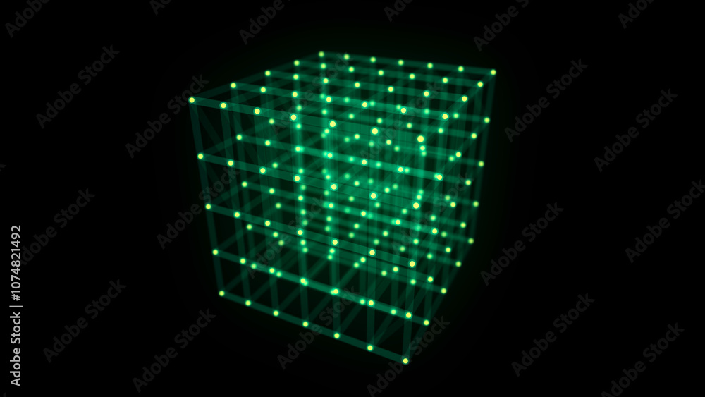 Poster abstract green cube on black background. wireframe square structure with glowing particles and lines