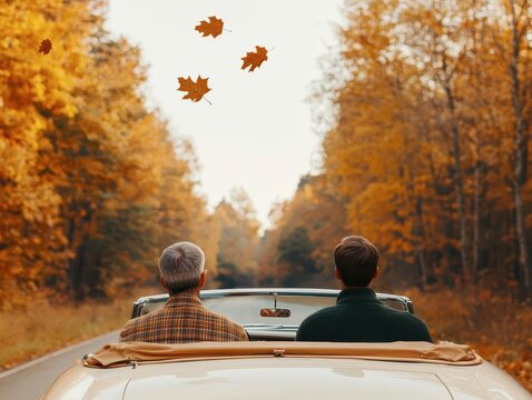 A scenic drive through autumn foliage with two people in a vintage convertible, surrounded by vibrant orange and yellow leaves. - Powered by Adobe