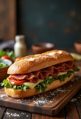 A delicious bacon, lettuce, and tomato sandwich sits on a wooden cutting board