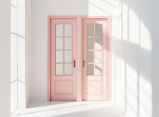 Obraz premium Fresh angle on modern real estate featuring blush pink doors and clear glass.