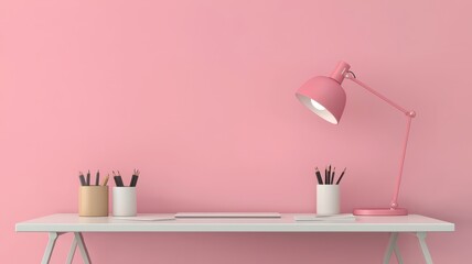 A minimalistic desk setup featuring a stylish lamp and stationery, against a soft pink wall, emphasizing a cozy and organized workspace.