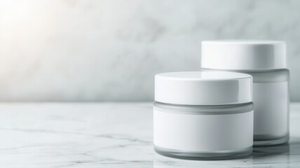 Two elegant cream jars on a marble surface, showcasing minimalist design and skincare product appeal.