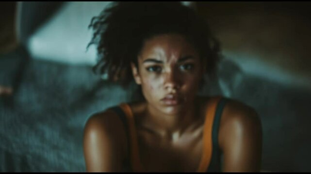 Portrait of young woman with bruises on her face looking sadly in dark room. Social isolation, harassment, domestic violence, physical assault, gender-based violence victim