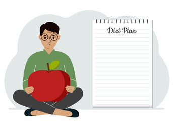 Diet plan illustration. A man sits cross-legged and holds a large red apple. The concept of diet food, meal planning, nutrition consultation. Vector flat illustration
