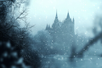 Snowfall scene with falling snowflakes, featuring a blurred background of a snow-covered Gothic castle in the distance