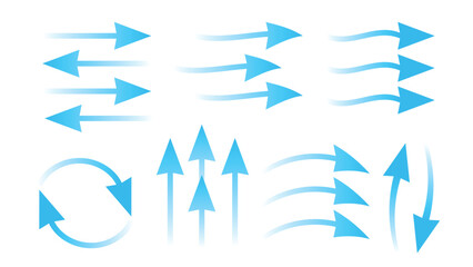 Flow arrows set. Blue air steam, ventilator or conditioner buttons elements. Flat flows directions, wind or fresh air currents vector symbols and effects