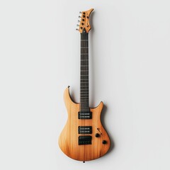 A wooden electric guitar against a white background.