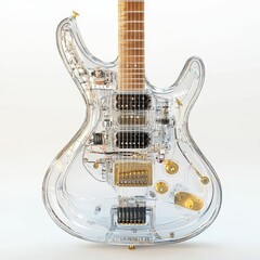Transparent electric guitar with gold hardware.