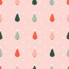 cute hand drawn seamless vector pattern background illustration with colorful christmas trees and snowflakes on pink background	