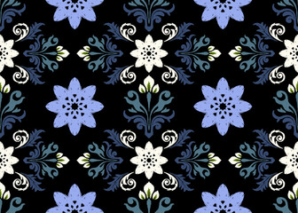 Ikat floral paisley embroidery ethnic traditional seamless pattern motif handmade.
 Ethnic Ikat abstract background. 
Ethnic floral embroidery design for decorative home carpet curtain pillow geometr