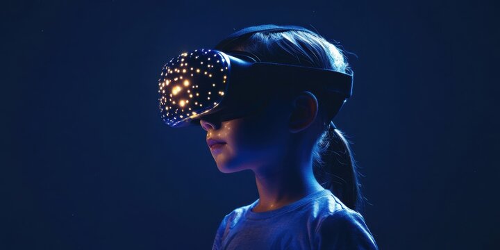 A child wearing a VR headset, their face illuminated by glowing patterns