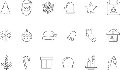 Christmas and New Year outline Holiday icons set. New year and Xmas stroke thin line vector symbols and sign.