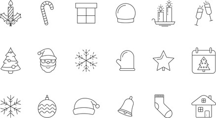 Christmas and New Year outline Holiday icons set. New year and Xmas stroke thin line vector symbols and sign.