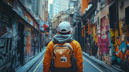 Fototapeta premium A person with a backpack and a white cap is walking down an urban alley adorned with colorful graffiti on a sunny day, capturing the essence of urban exploration.